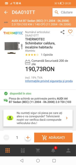 Radiator incalzire. Bord audi a4. B7