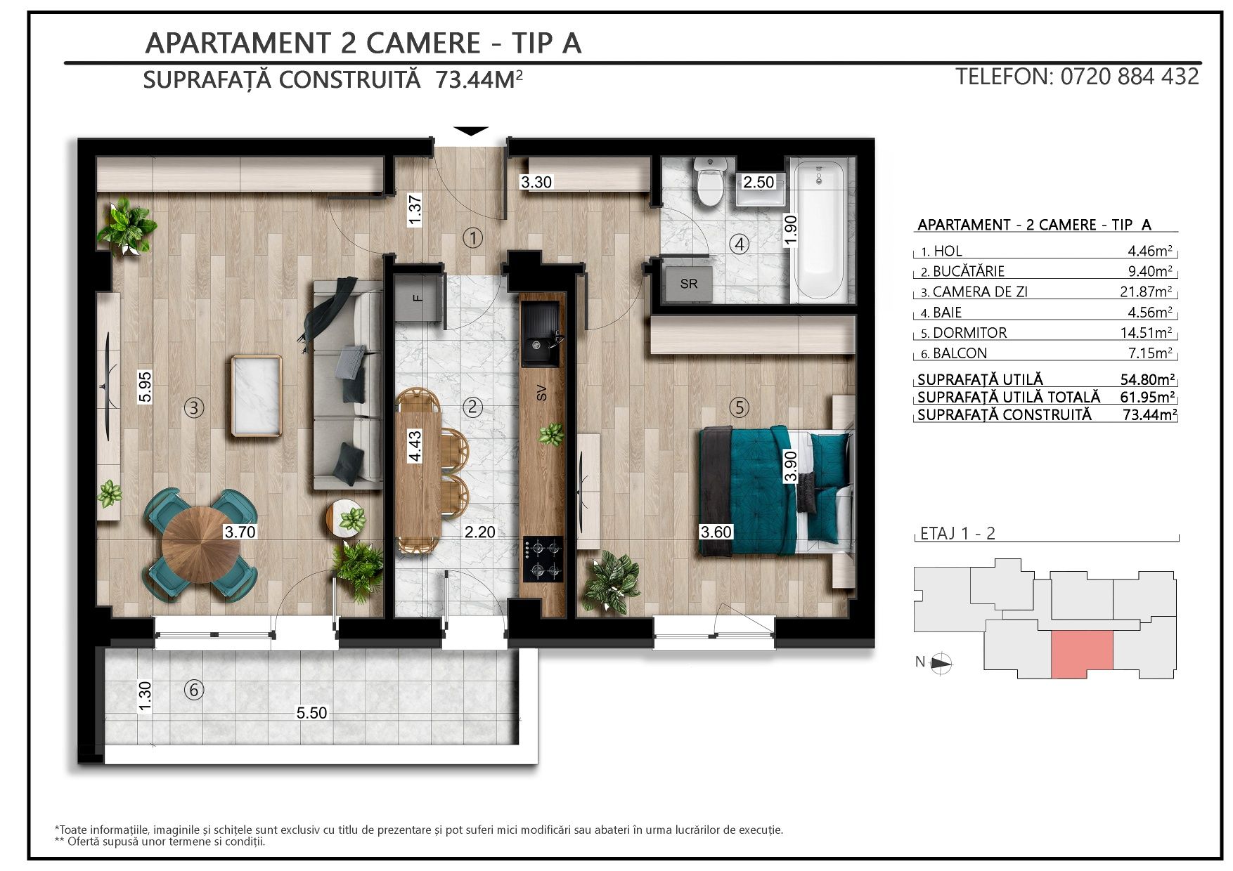 Bloc nou P+3,  apart. decomandate de 2 si 3 camere