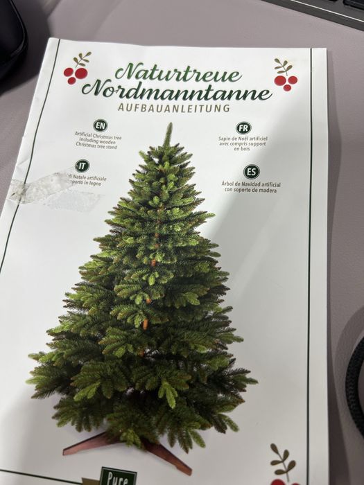 Brad artificial premium 180 cm suport de lemn natural