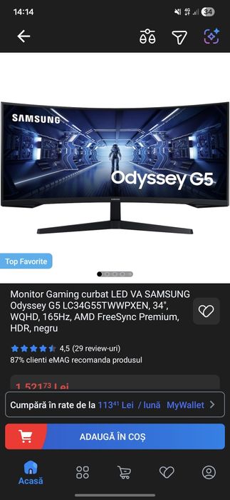 Monitor Gaming curbat LED VA SAMSUNG Odyssey G5 LC34G55TWWRXEN, 34"