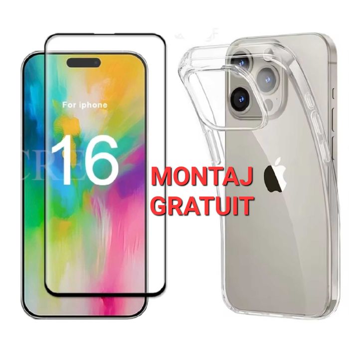 Set iPhone 16 Pro Max - Folie de Sticla + Husa transparenta