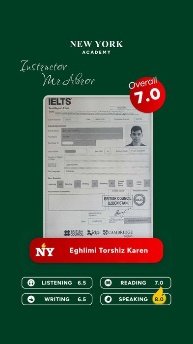 Amerikada tahsil olgan IELTS 8.0 Teacher | ONLINE Ingliz tili va IELTS