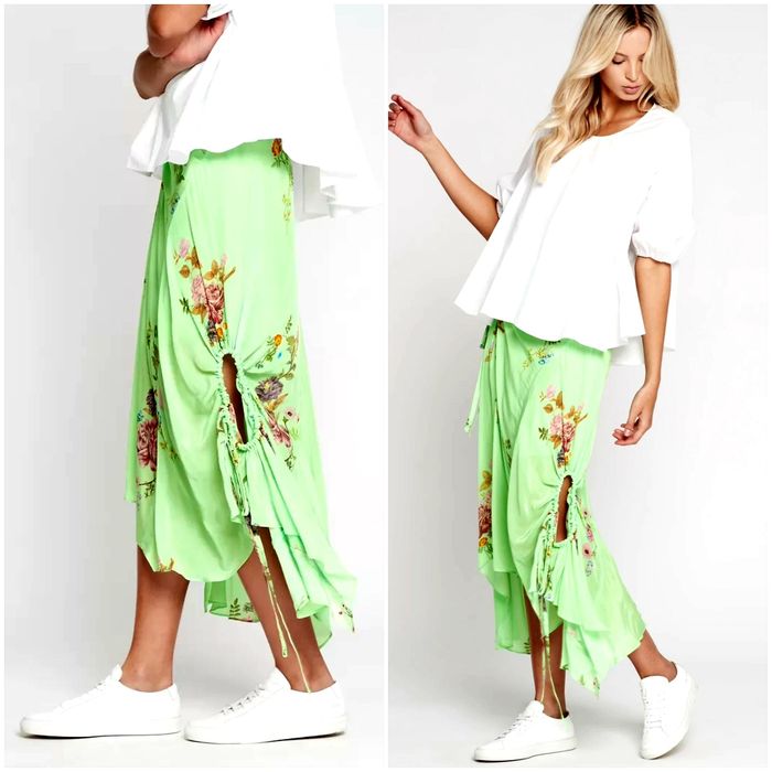 Пола миди XS размер PREEN официална ежедневна асиметрична зелена принт