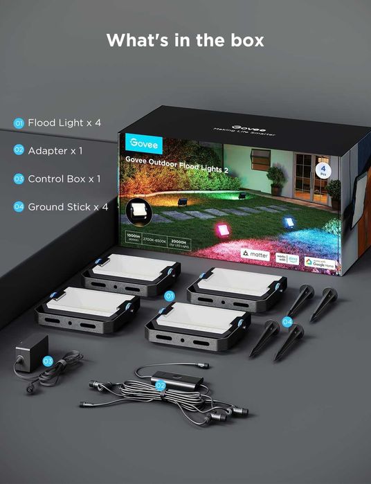 Смарт осветление за двор Govee Flood Lights 2 RGBIC Wi-Fi 4 броя