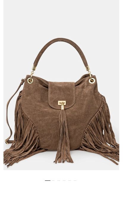 Голяма кожена чанта торба естествен велур кафява camel ресни дръжки