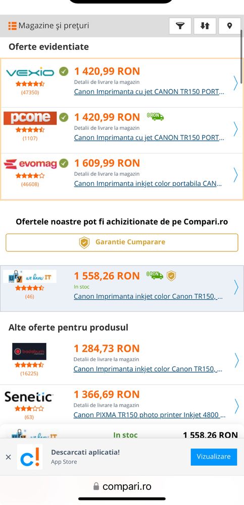 Imprimantă portabilă wireless Canon PIXMA TR150