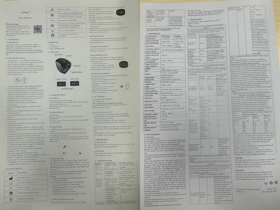 O2 пръстен -кислороден монитор с вибрационно напомняне - Bluetooth