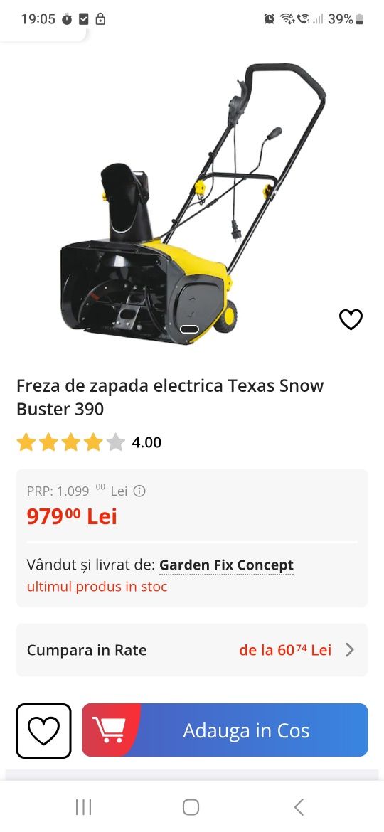 Freza de zapada electrica Texas Snow Buster 390