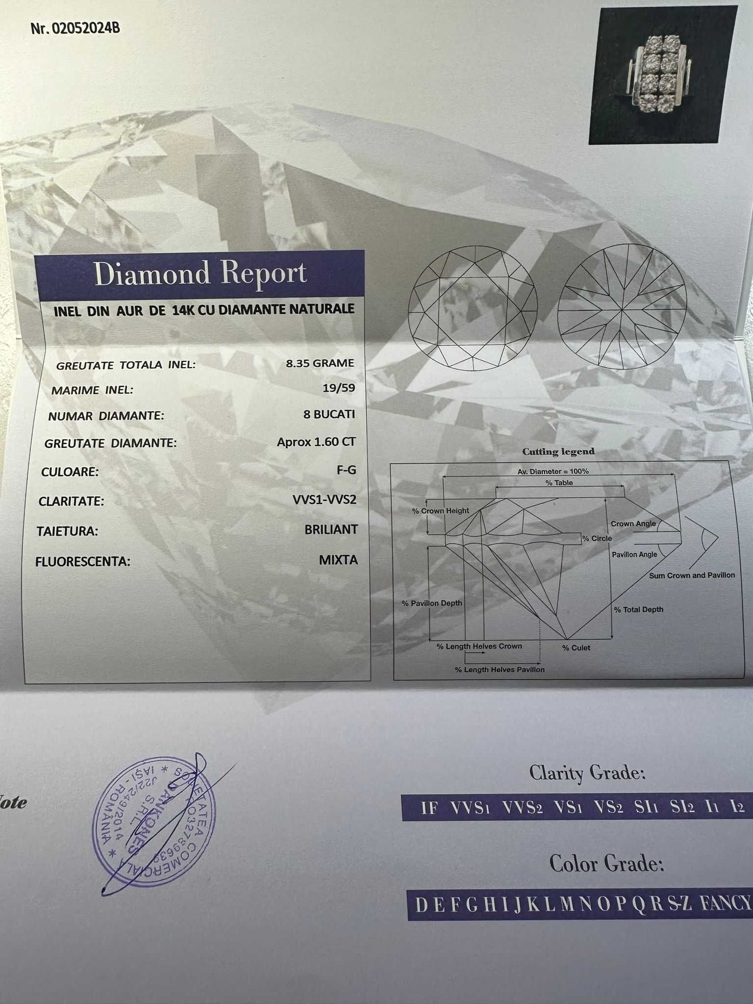 INEL AUR ALB 14K + 8 Diamante = 1.6CT - VVS1- Art Deco + Certificat !