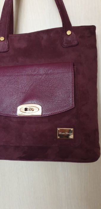 Geanta piele naturala si piele intoarsa bordo/ visinie