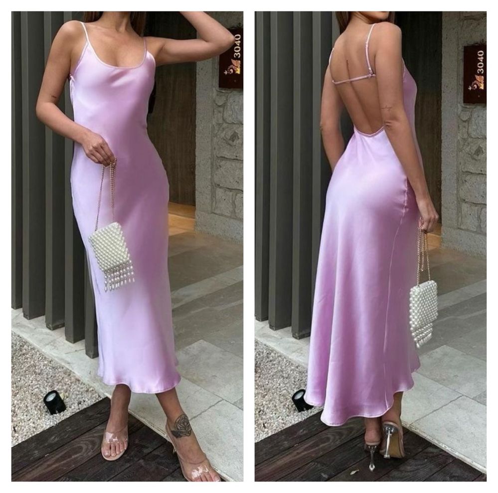 Rochie midi / lungă cu spatele gol satinată roz pastel Zara mărimea S