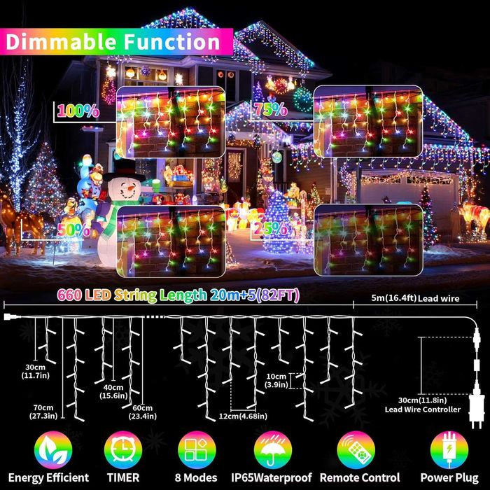 GCMacau 20+5 метра, 660 LED, Коледни светлини, топли+многоцветни