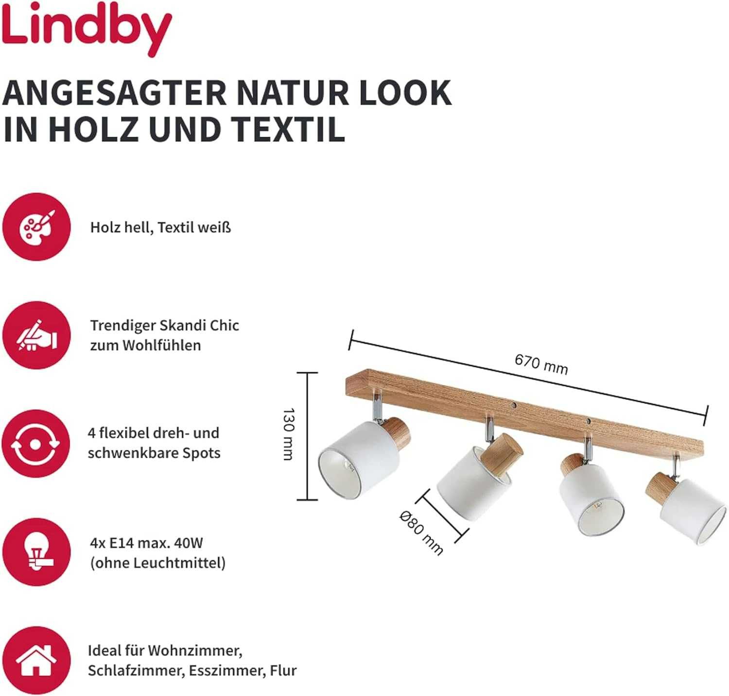 Plafoniera Lindby din lemn textil spot de tavan rotativ si pivotabil