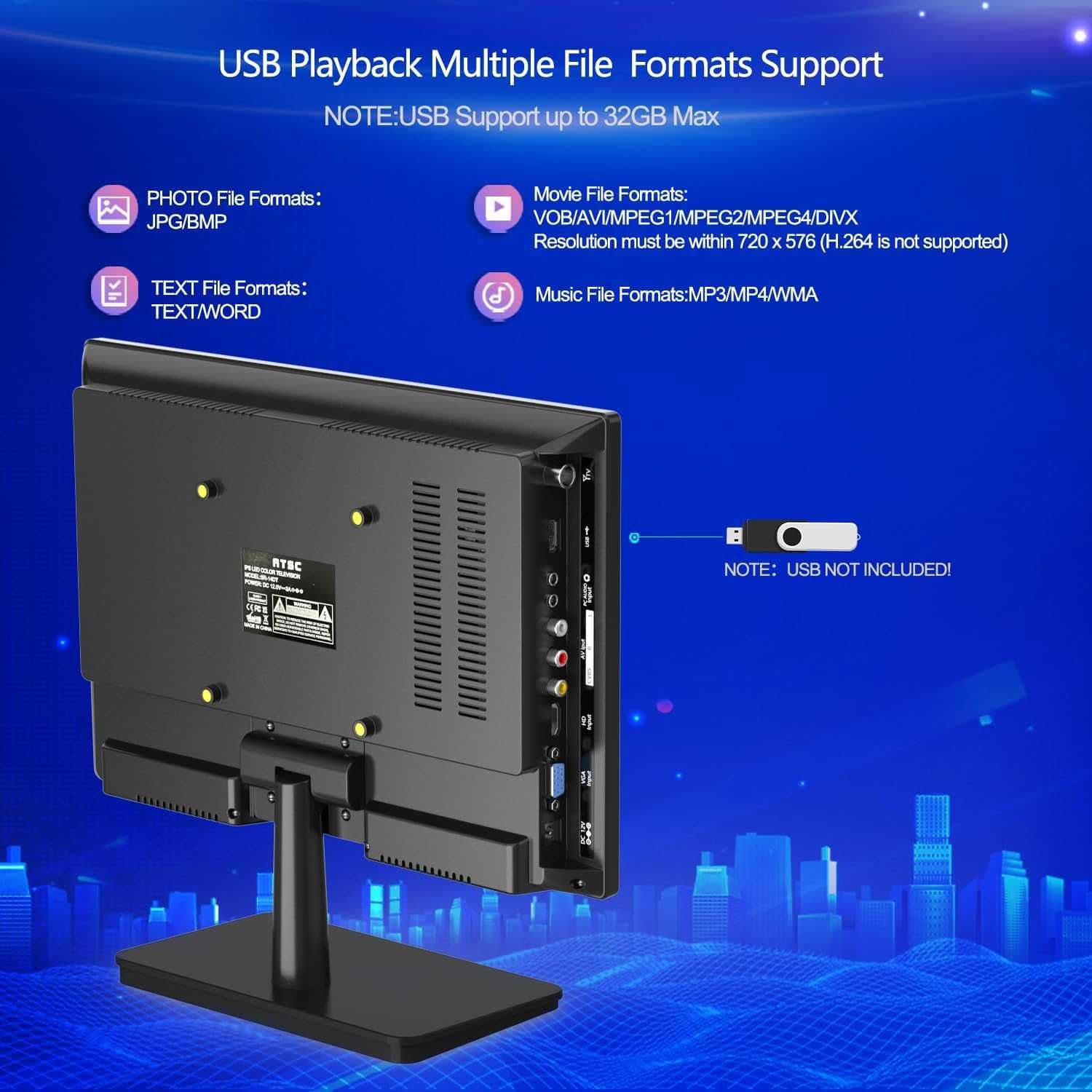 Портативен телевизор 14” DVBT-2 с USB, VGA за бус, кола камион, кемпер