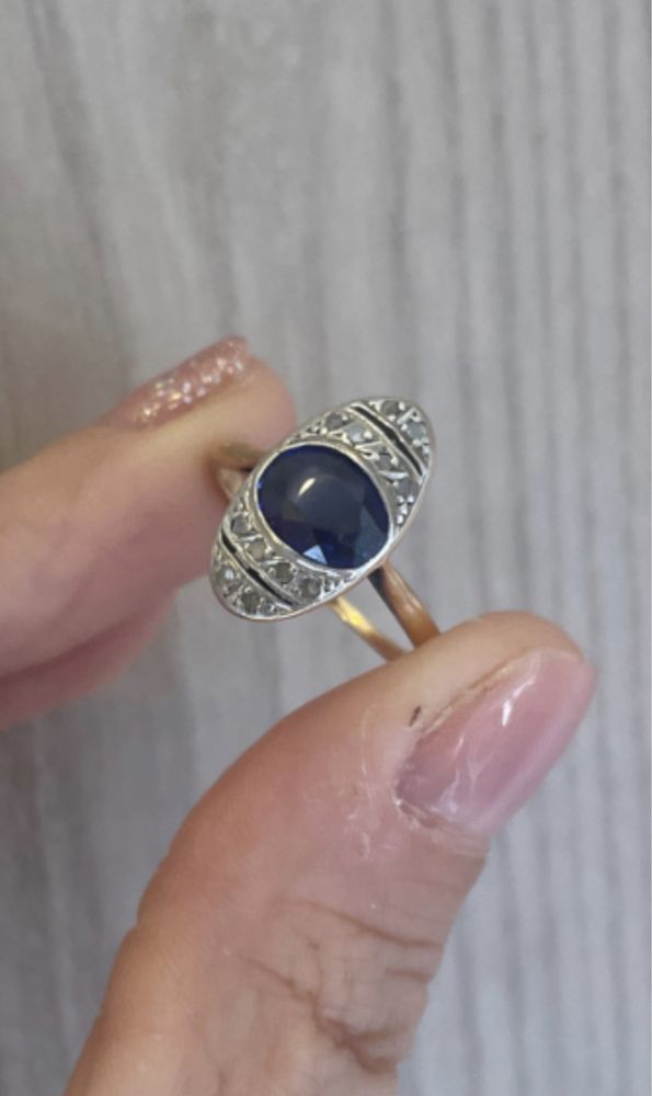 Inel aur de 18k argint, safir mare si diamante old cut