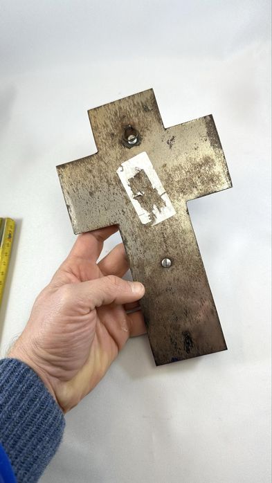 Deosebita Cruce veche bronz si email crucifix pe piatra vintage