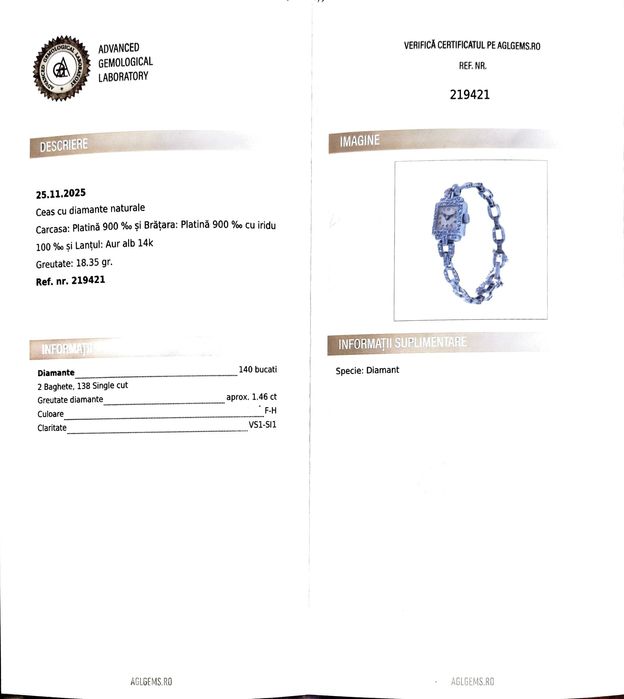 Ceas Art Deco din platina si diamante naturale