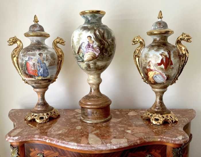 Grandios trio-vaza-urne-portelan pictat manual-scene galante-Franta