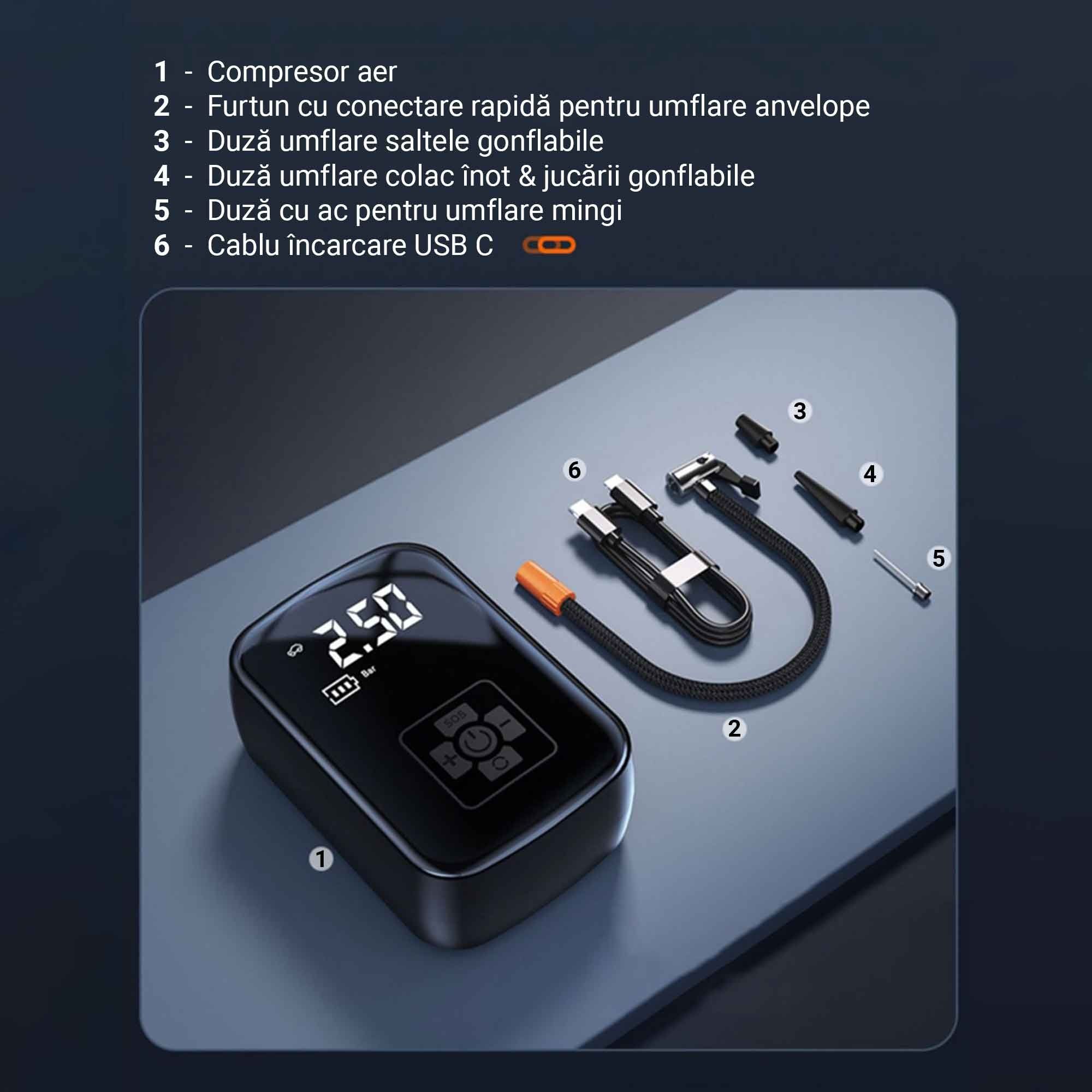 Compresor auto cu acumulator, 150 PSI, Afisaj digital, Lanterna, USB C