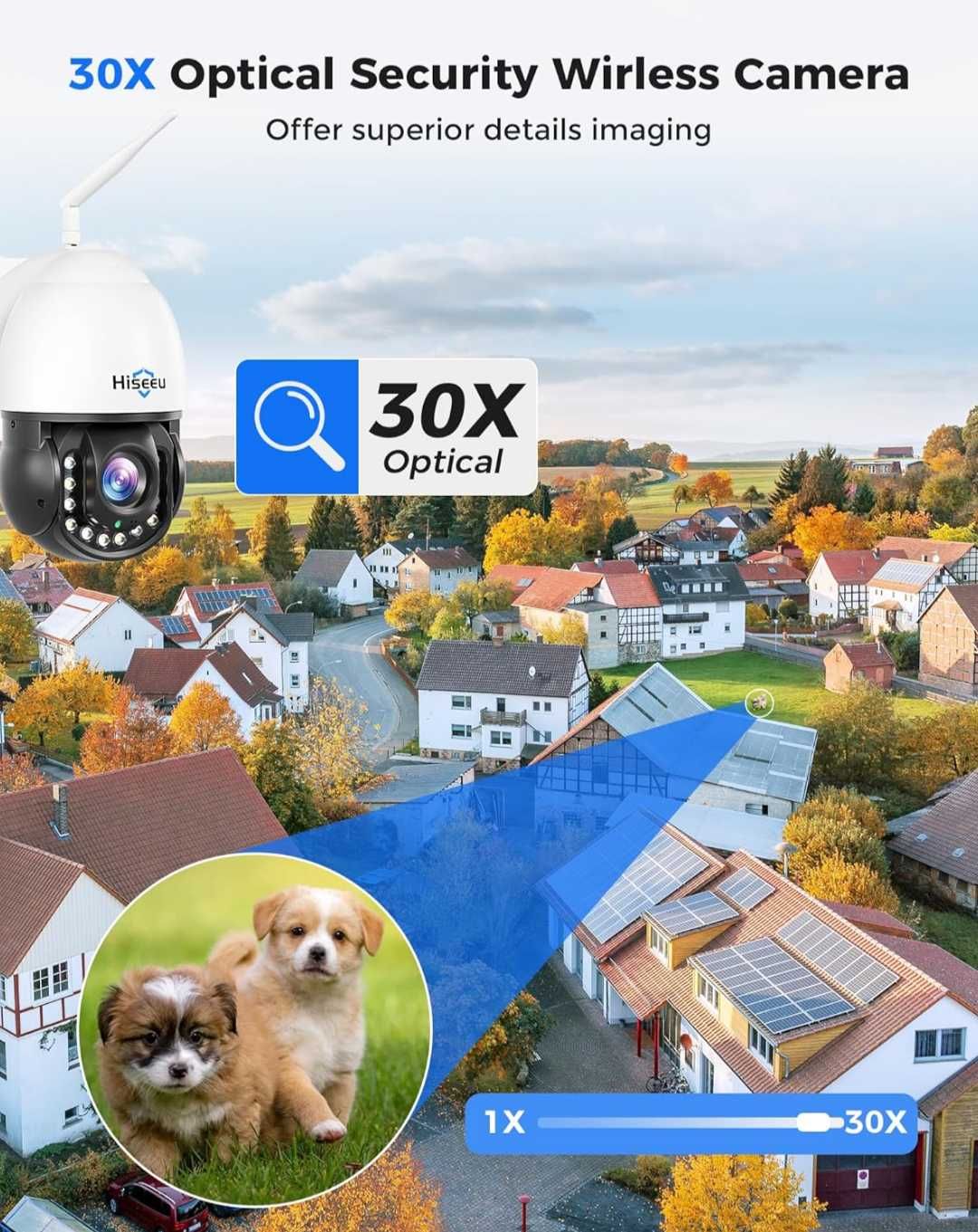 Безжична охранителна камераHiseeu 30Xоптично увеличение3MP PTZ 250фута