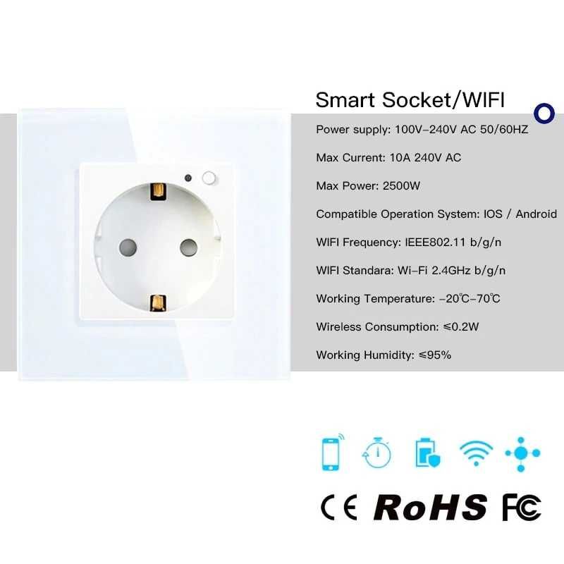 TUYA Wifi Smart Контакт за стена със стъклен панел
