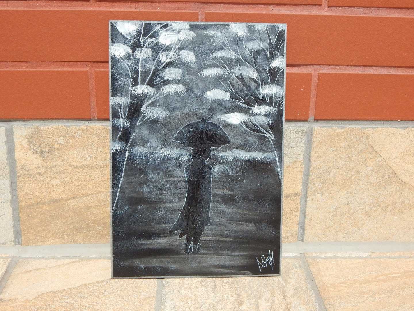 Pictura tablou pe carton peisaj sobru tomnatic persoana cu pelerina