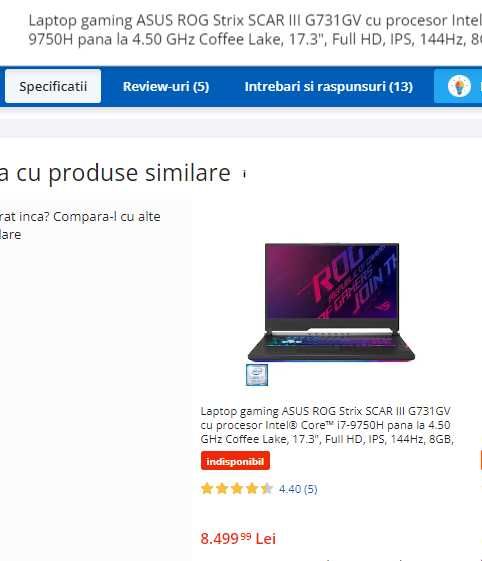 Laptop gaming Asus ROG , intel core i7-9750H,  display de 17,3 inch