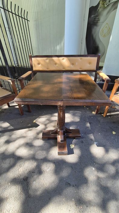 Set gradină/terasa banchetă 3 pers + fotolii lemn fag tapițate.