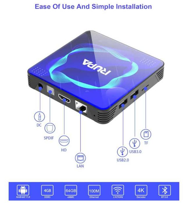 Android TV Box Smart Rupa 4GB RAM 64GB ROM S905W2 2.4G/5G WiFi BT5.0