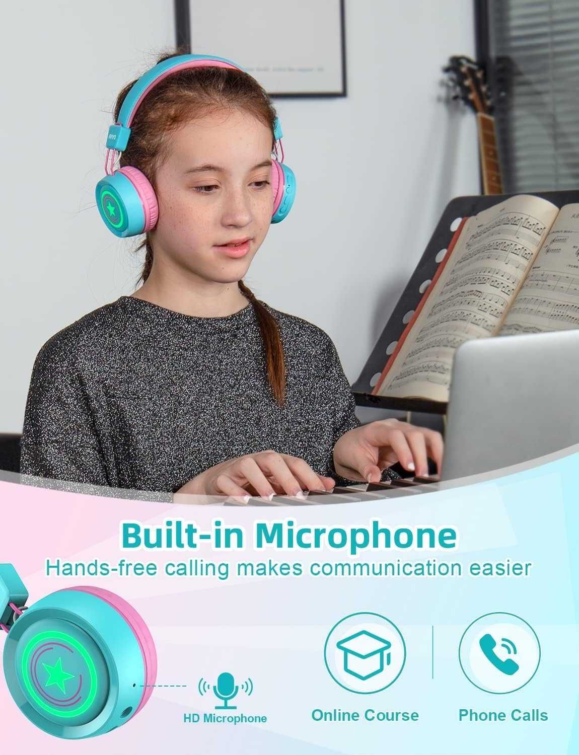 Детски Bluetooth слушалки RIYO с цветни LED светлини, ментово зелено