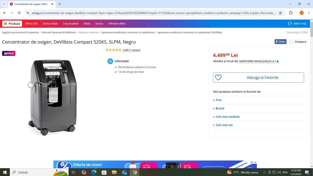 Concentrator de oxigen, DeVilbiss Compact 525KS, 5LPM