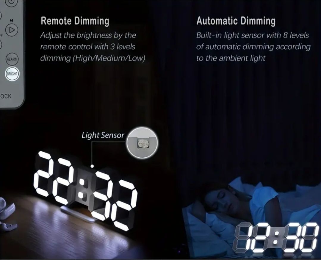3D LED дигитален стенен часовник, дистанционно, температура, аларма