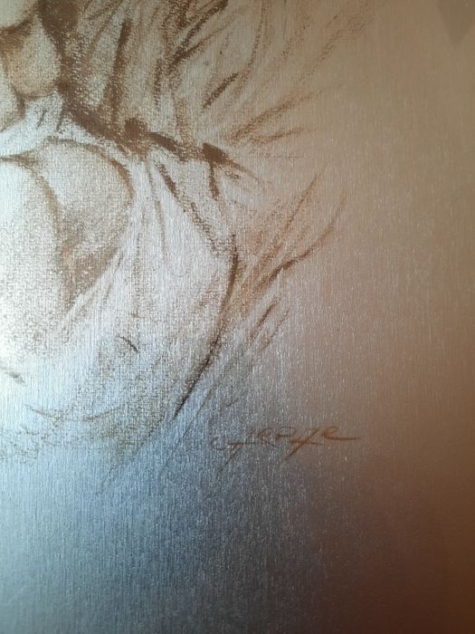 Litografie tânără cu copil în brate (posibil Fecioara Maria)