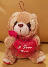 Ursuleț de pluș cu pernuță roșie, în formă de inimioară, "I Love You"