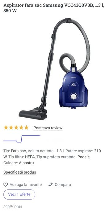 Aspirator fara sac Samsung VCC43Q0V3B, 1.3 l, 850 W, Air Track,