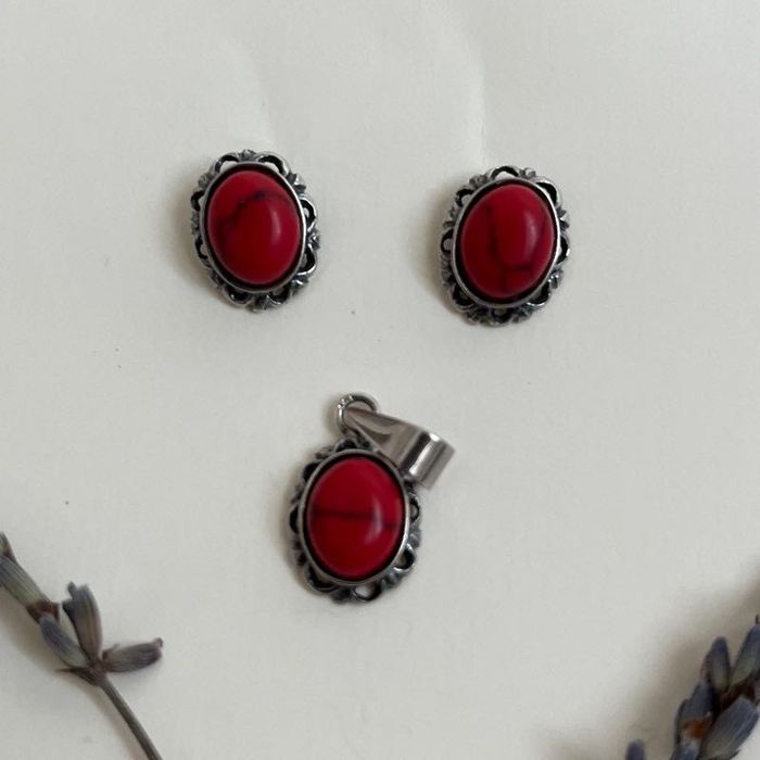 Set argint 925 – cercei + medalion, coral natural rosu, vintage, retro