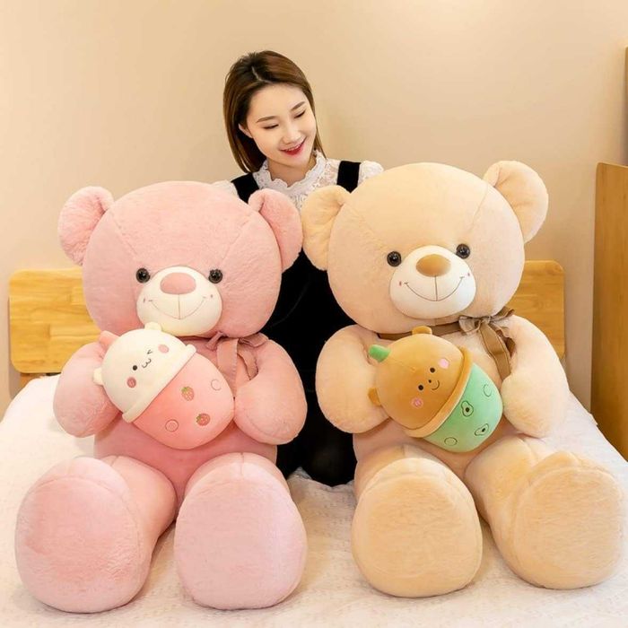 Голямо Розово Плюшено Мече с Bubble Tea, 120см Розова Плюшена Мечка