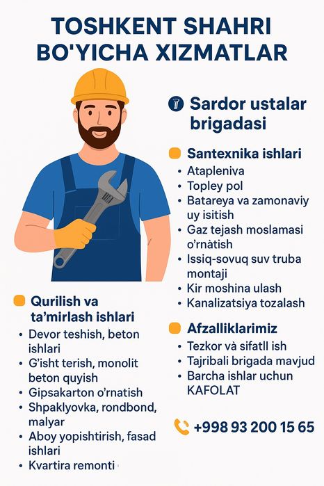 Santexnik xizmati Toshkent shaxri boylab