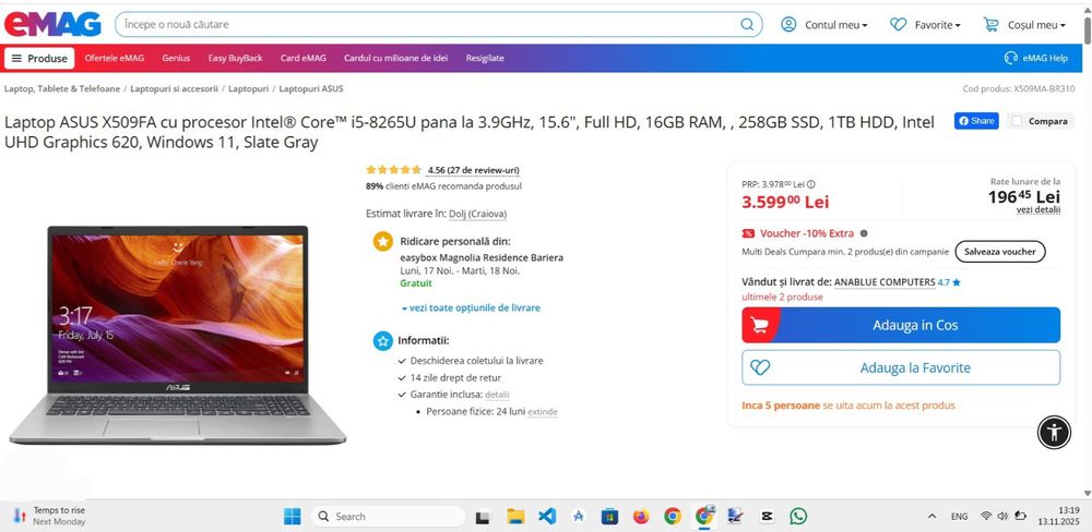 Laptop Asus X509FA 1TB Hdd și 258GB Sdd la doar 2400 Lei