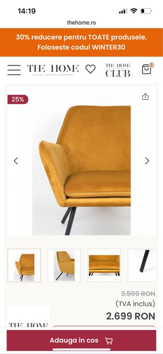 Fotoliu lounge galben din catifea Bon The Home Collection