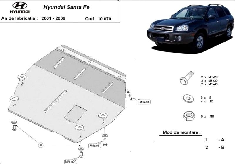 Scut motor metalic pentru Hyundai Santa Fe 2001-prezent - otel 2-3mm