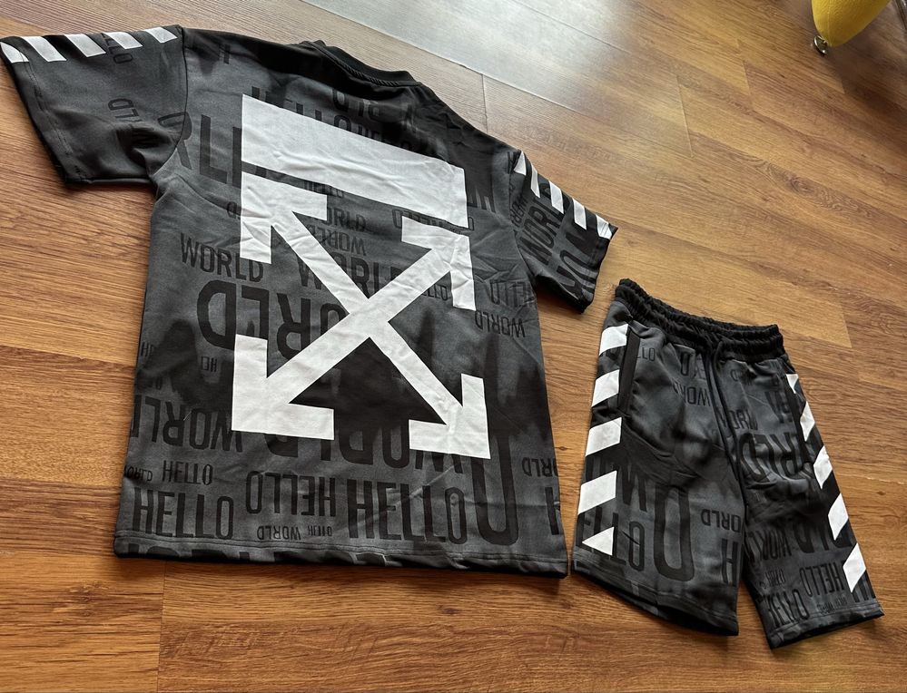 Мъжки,памучен,къс комплект OFF White в черно със сиво и бяло