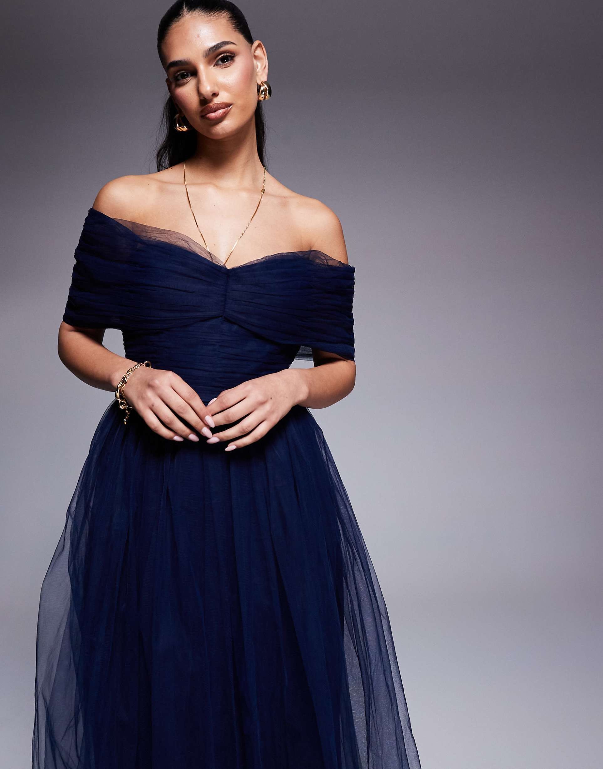 Тъмно синя рокля LACE&BEADS ASOS  тюл паднали рамене  ххс хс размер