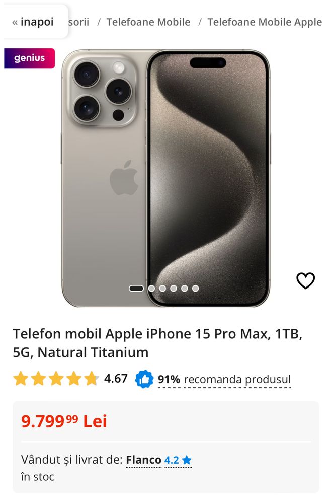 iPhone 15 Pro Max, 1TB, 5G, Natural Titanium Nou Sigilat