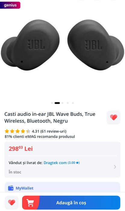 Casti audio in-ear JBL Wave Buds, True Wireless, Bluetooth, Negru
