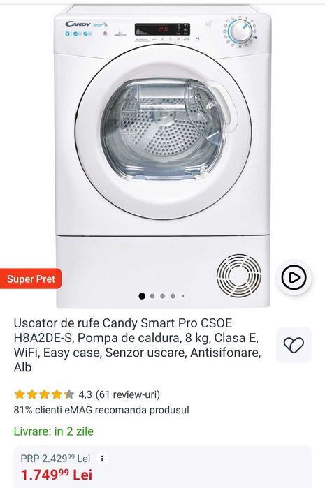 Uscător Candy H8A2DE-S (pompa de căldură)