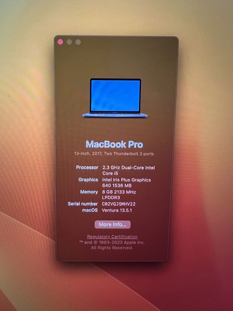 MacBook Pro 13” 2017, 8GB RAM, 128 GB SSD, 2.3 GHz Intel