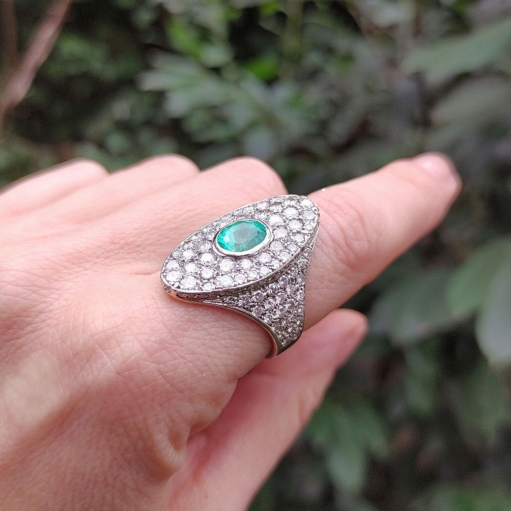 inel Marquise, smarald, diamante 6 ct, aur 18k, certif.