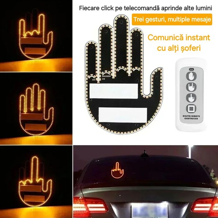 Lampă auto cu gesturi de mână: Salut, Rock On, Mijlociul. Telecomandă.