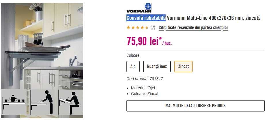 Consolă rabatabilă Vormann Multi-Line 400x270x36 mm, zincată